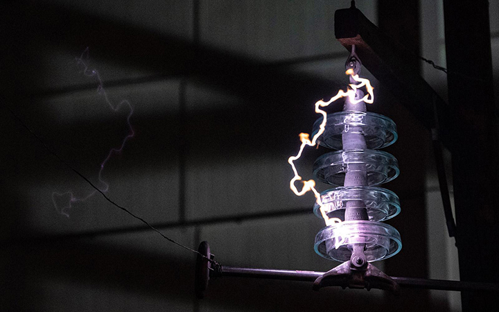 A bolt of electricity makes its way through equipment