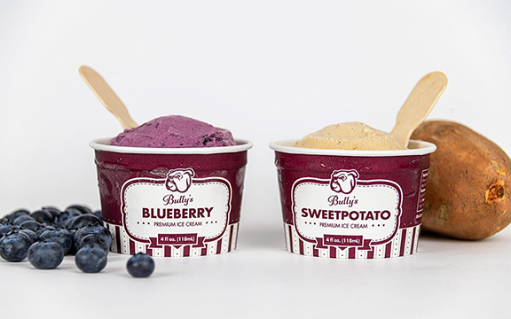 Cups of blueberry ice cream and sweet potato ice cream