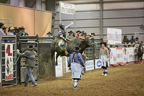 A bull rider competes during a past Rotary Classic Rodeo